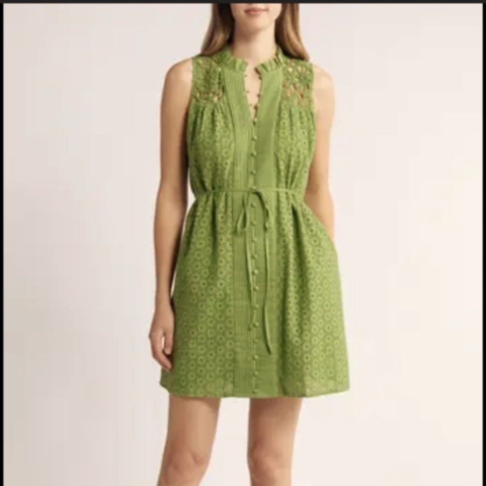 CIEBON Sydnie Eyelet Cotton Knitted Detailed‎ Sleeveless Dress size M Green